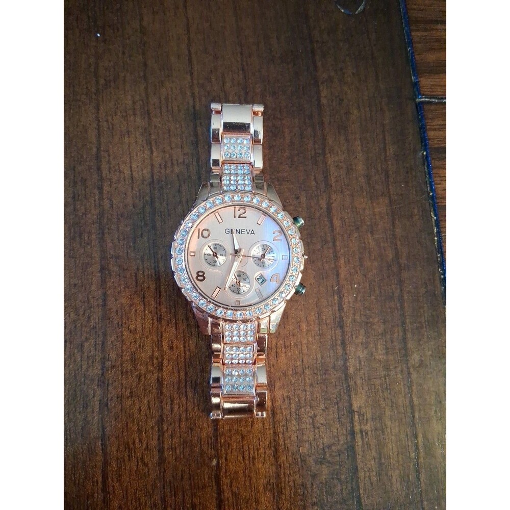 Geneva Watch Iced Out Luxury Rose Gold Tone Rhinestones Bling Not Working